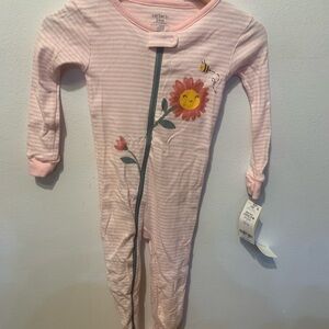 Carter's Pink Striped Floral Bee Zip One-Piece Footie